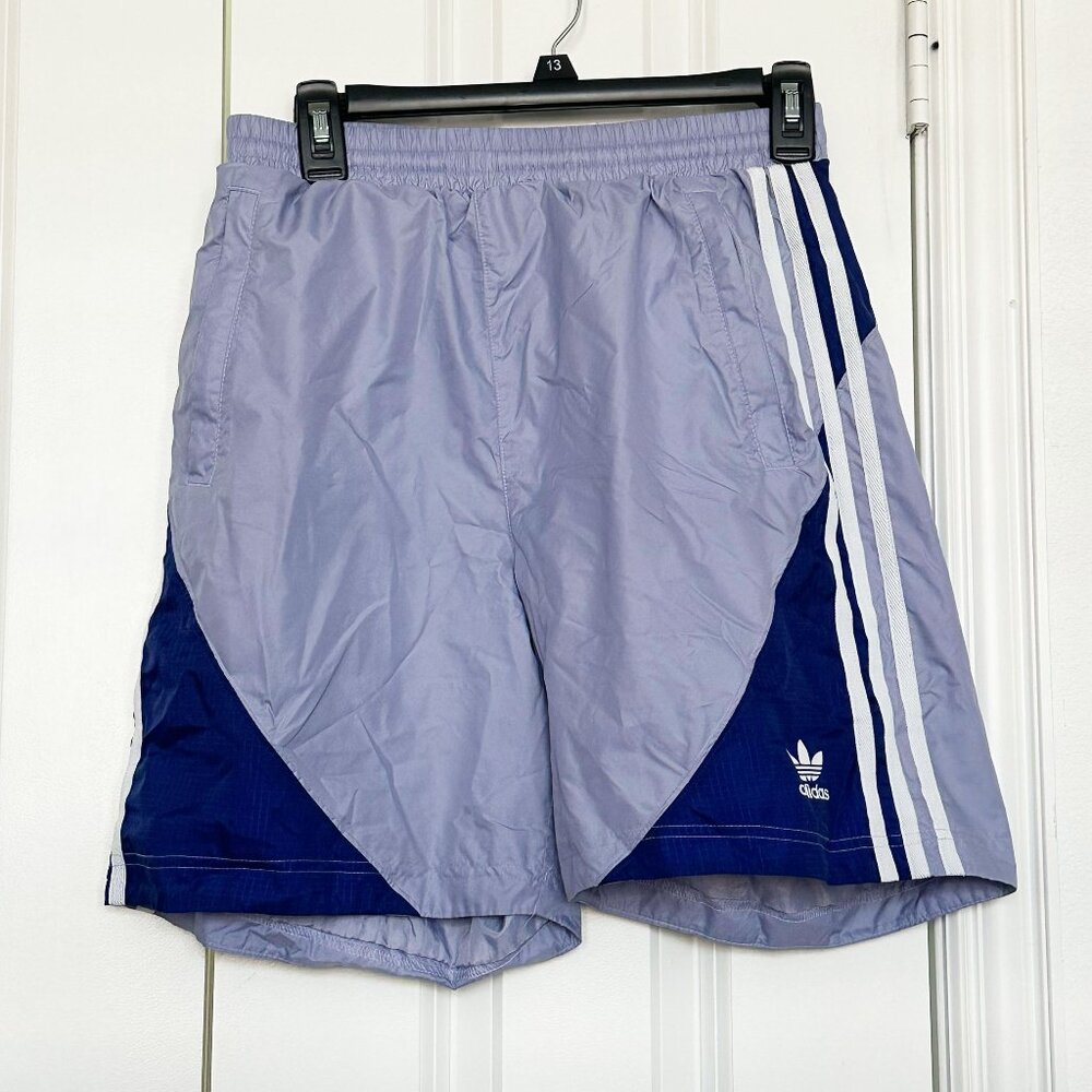 Men's Purple Adidas Shorts with White Stripes